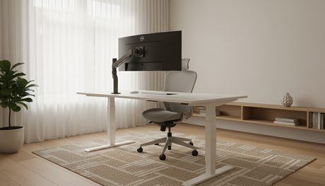 Ergonomische thuiswerkplek met zit-sta bureau, ergonomische bureaustoel en monitorarm