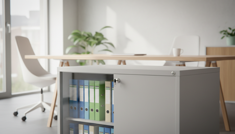 Afgesloten archiefkast op een opgeruimd kantoor voor AVG-proof documentopslag