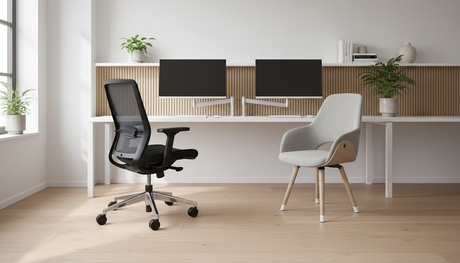 Bureaustoel met wielen en bureaustoel zonder wielen naast elkaar op een houten vloer in een moderne thuiswerkplek