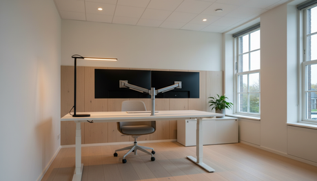 Ergonomische thuiswerkplek met goede kantoorverlichting: bureaulamp en indirecte plafondverlichting