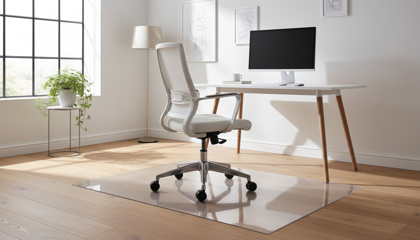Ergonomische bureaustoel met transparante stoelmat op houten vloer als vloerbescherming