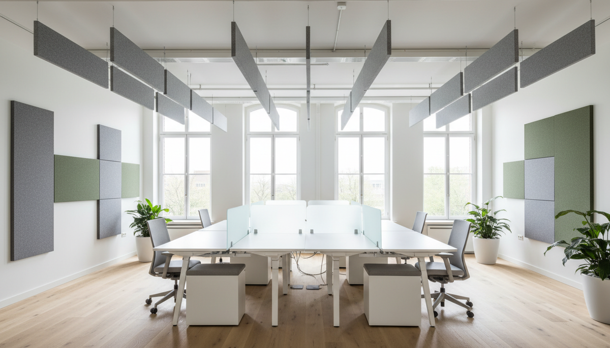Open kantoor met akoestische wandpanelen en plafondbaffle voor betere geluidsabsorptie