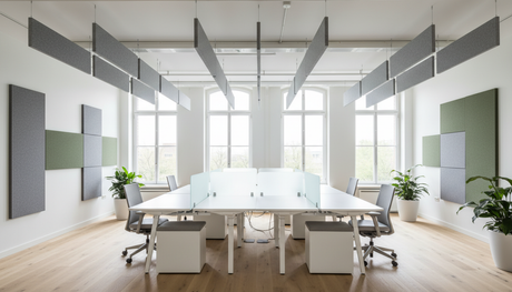 Open kantoor met akoestische wandpanelen en plafondbaffle voor betere geluidsabsorptie