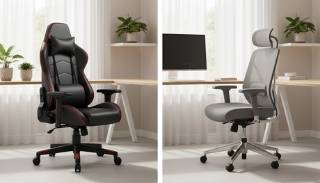 Gaming bureaustoel naast een ergonomische bureaustoel in een moderne thuiswerkplek