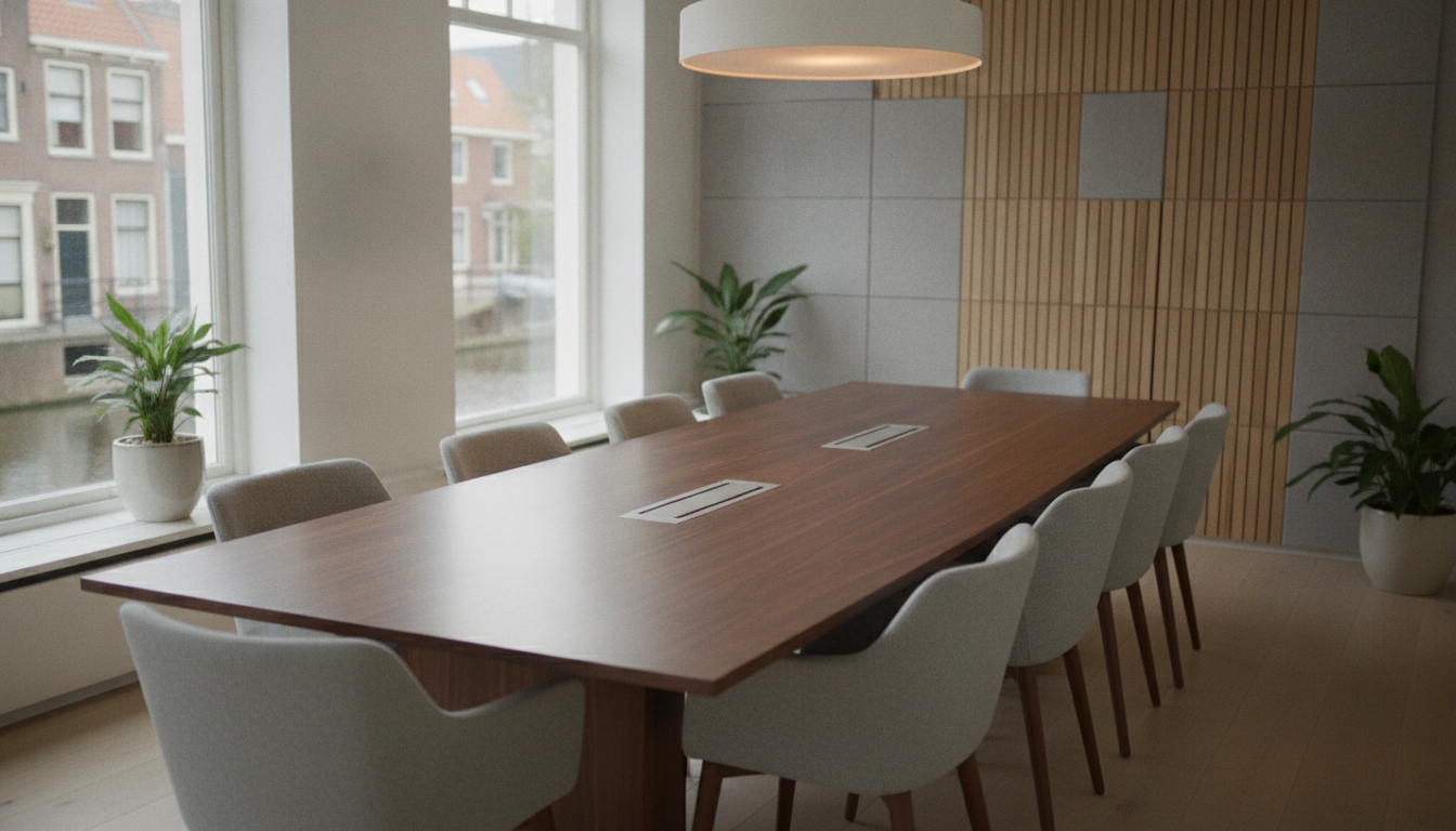 Vergadertafel met acht vergaderstoelen in een moderne vergaderruimte met daglicht