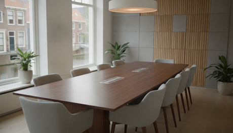 Vergadertafel met acht vergaderstoelen in een moderne vergaderruimte met daglicht