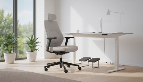 Ergonomische bureaustoel met voetsteun onder een wit bureau in een modern kantoor