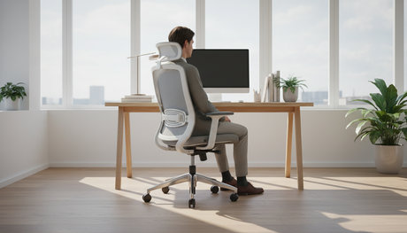 Persoon zit correct ingesteld op een ergonomische bureaustoel in een licht modern kantoor