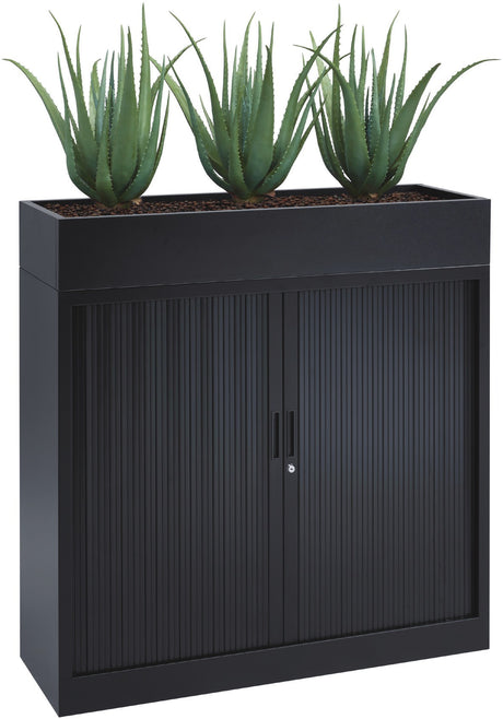 Lage roldeurkast in zwart met plantenbak