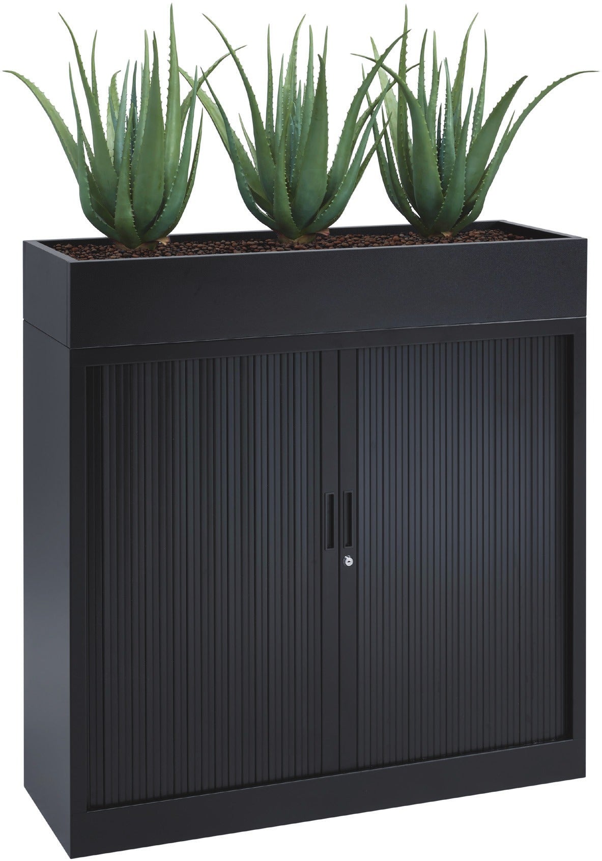 Plantenbak Ora 25x120x43,5 cm voor op de kast, zwart, op een lage roldeurkast